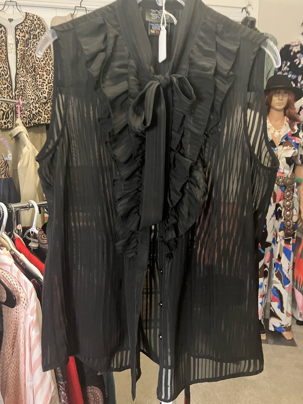 Sheer Ruffle Tie-Neck Sleeveless Blouse - Black
